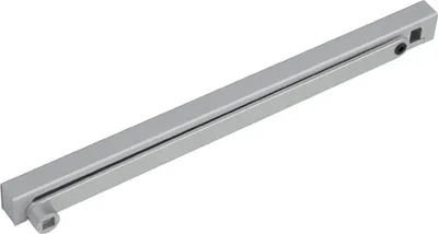 A silver-colored door closer arm is shown against a white background.