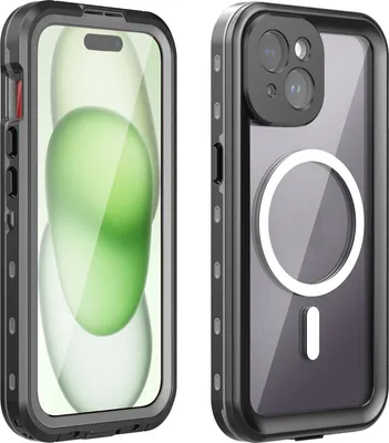 Image de Etui étanche pour iPhone 15 Plus, compatible MagSafe, étanche à la poussière et à la neige, étui de protection complet IP68 avec protecteur d'écran intégré noir