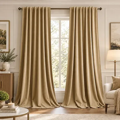 Produktbild von 2 Stück Samtvorhänge Blickdicht Vorhänge Thermoisolierte Gardinen mit Kräuselband für Wohnzimmer Schlafzimmer, Beige, B132xH305cm