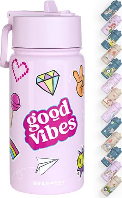 Produktbild von Trinkflasche Kinder Edelstahl mit Strohhalm, Thermosflasche 400ml - BPA frei, auslaufsicher, Kleinkinder, Mädchen & Jungen Wasserflasche-Sticker lila