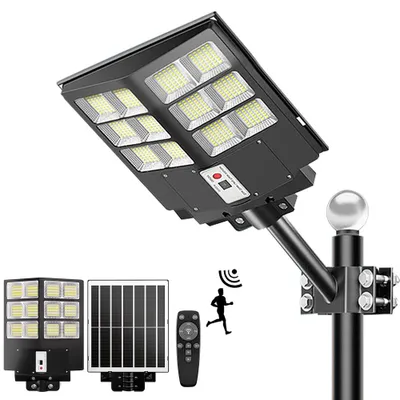 Image de Lampadaire solaire, 1000W, 480 LEDs avec détecteur de mouvement, IP67 étanche, 6500K blanc froid, 2 jours d'autonomie pour parking, rue, grand jardin