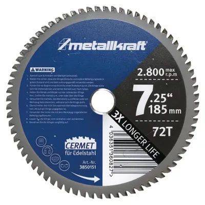 Obrázok produktu pre Píla metallkraft, priemer 185 mm, hrúbka 1,8/1,4 mm, dĺžka 22 mm, zuby Z72, určená na rezanie nehrdzavejúcej ocele