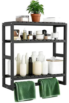 Produktbild von Wandregal Hängeregal Badregal - 3 Ebenen - Bambus - 43 x 42 x 15 cm - Schwarz - Für Bad und Küche