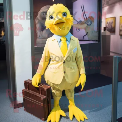 Produktbild von Goldkanarien REDBROKOLY Maskottchen kostüm gekleidet in ein Popeline-Hemd und Hosenträger