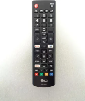 A black LG remote control is shown against a light gray background.