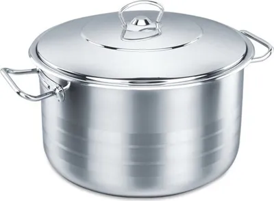 A stainless steel pot with a lid and handles, shown from a front-side angle on a white background.