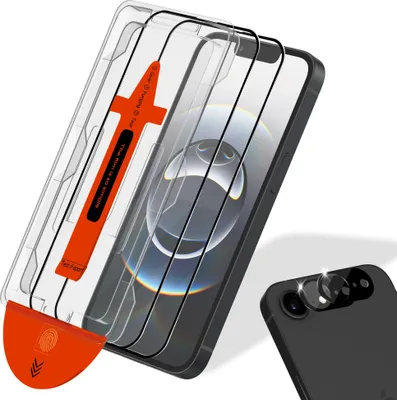 Obrázek produktu pro 2-balení iPhone 16E Ochranné sklo na displej & 2-balení ochrana objektivu - Tvrzené sklo | [Automatická instalace] - Bez bublin