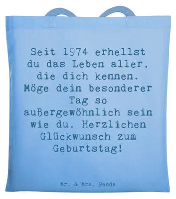 Produktbild von Mr. & Mrs. Panda Tote Bag Spruch 1974 Geburtstag - Sky Blue - Geschenk, Tasche, Uni, Shopping, Alter, Geburtstagsgeschenk, dokumententasche, Jutebeutel, Jahr feiern