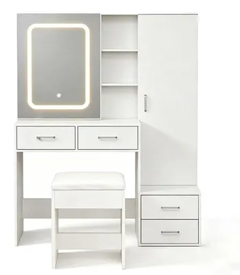 Produktbild von ZELURXX LED Schminktisch mit Schiebespiegel, 3 Lichtfarben, 4 Schubladen, viel Stauraum, inkl. Hocker, 654 mm breit, Weiß