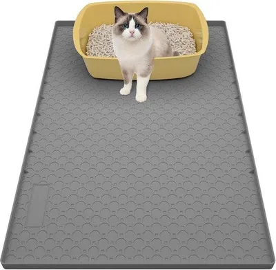 Obrázek produktu pro Velká silikonová podložka pod kočičí záchod – šedá – podložka pro kočky – 86 x 56 cm – podložka pod kočičí záchod – protiskluzová a vodotěsná – zvýšené okraje