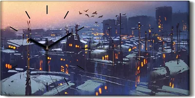 Produktbild von Wanduhr Uhr Wandbild Leinwand 60x30 Malerei Stadt in der Winterlandschaft - schwarze Hände