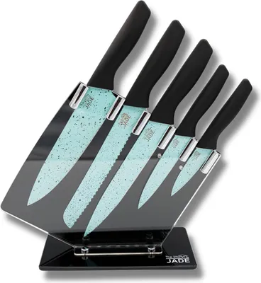 Produktbild von Starlyf Jade Knife Series + Stand – Messerset 6-tlg mit Messerständer, Set,5 Messer mit Jadepulverbeschichtung und Messerständer aus Acryl