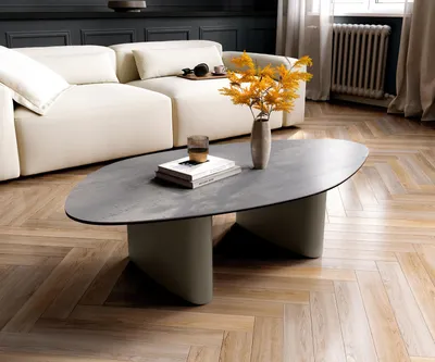 Produktbild von DELIFE Couchtisch Edge Organisch 140x76 cm Keramik Beton Grau Ovada Effektfinish Titan