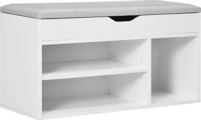 Image de HOMCOM Meuble Chaussures Banc à Chaussures 2 Niveaux Rangement, Niche + Coffre intégré avec Coussin Blanc