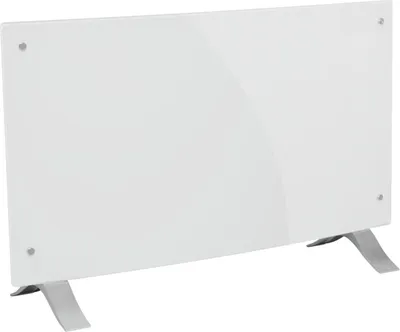 A white glass electric heater with silver legs, shown against a white background.