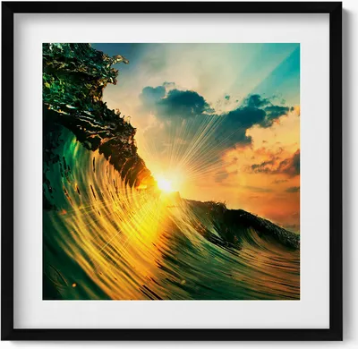 Produktbild von Wellen auf dem Meer und Sonnenuntergang– Wandbild mit Rahmen – Gerahmtes Bild  – Wanddekoration – 50x50 cm –  Schwarz Rahmen