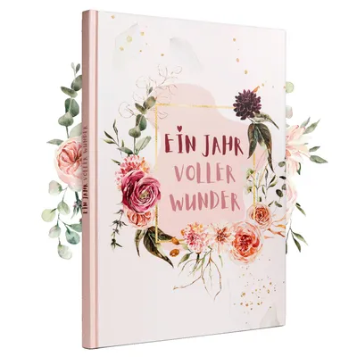 Babyalbum Ein Jahr voller Wunder mit floraler Verzierung, Hardcover in Rosa, Frontansicht