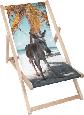 A wooden deck chair with a printed image of a donkey on a beach with palm trees.