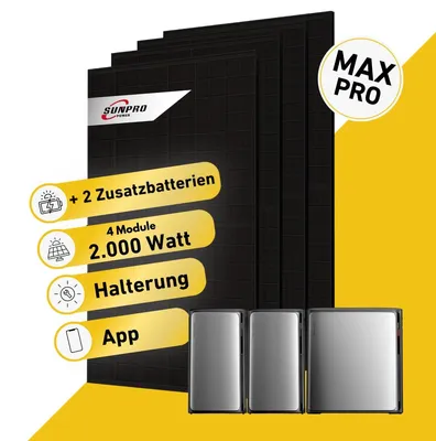 Produktbild von Balkonstrom Balkonkraftwerk 2000W mit Speicher | 2xZusatzspeicher | Biberschwanzdachhalterung | 4xSolarmodul | SunEnergyXT 500 Pro | Kabel 2m