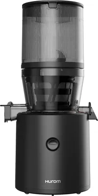 A black Hurom slow juicer is shown against a white background.