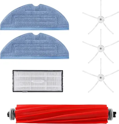 A collection of cleaning accessories for a robot vacuum cleaner, including mop pads, a filter, side brushes, and a main brush roll.