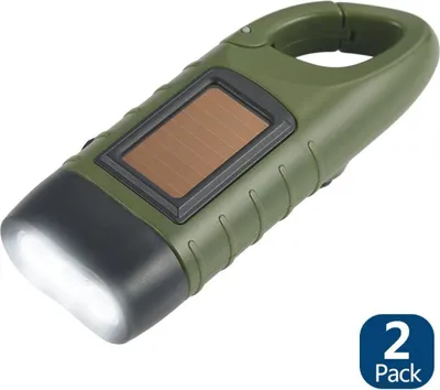 A green hand-crank flashlight with a solar panel on a white background.