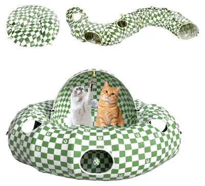Produktbild von Katzentunnel für große Katzen mit Schlafplatz, Donut Katzenbett aus Plüsch, runder Katzentunnel mit Pompons, interaktives Katzenspielzeug für drinnen, grün.