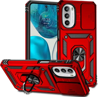 A red phone case with a ring holder and camera slider is displayed with a phone inside.