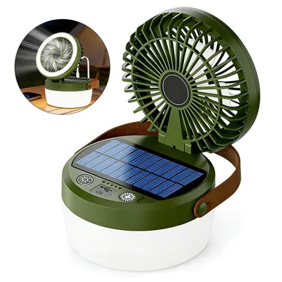 Produktbild von Solar Campinglampe mit Ventilator 2in1, LED Outdoor Lampe mit 3000mAh Akku, 4 Lichtmodi & 3 Geschwindigkeiten, USB wiederaufladbar