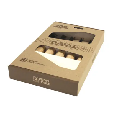 A cardboard box containing a set of chisels, with some of the chisels visible through cut-out windows.