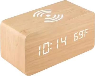 Zdjęcie produktu dla Cyfrowy budzik drewniany z elektronicznym wyświetlaczem LED o mocy 10 W, bezprzewodowy, 3 ustawienia alarmu, wyświetlacz daty i temperatury, kolor żółty