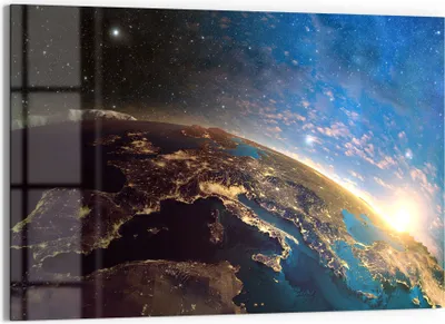 Produktbild von DEQORI Glasbild Echtglas 90x60 cm 'Erdball bei Sonnenaufgang' Wandbild Bild modern Deko