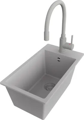 Produktbild von PRIMAGRAN Granitspüle Grau 28x50cm, Spülbecken 1 Becken + Küchenarmatur 38x14cm + Ablauf-Set, Küchenspüle ab 30er Unterschrank - Riga