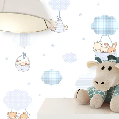 Produktbild von NEWROOM Tapete Blau Vliestapete Bärchen - Kinderzimmer Kinder Weiß Beige Hasen Wolken Babytapete Niedlich Babyzimmer