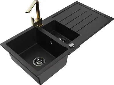 Produktbild von Mexen Andres 1,5-Becken-Granitspüle mit Abtropffläche und Mischbatterie Rita, Schwarz - 6515-77-670300-50-B