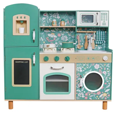Obrázek produktu pro Dřevěná dětská kuchyňka GINGER HOME – v retro stylu, s elektronickými varnými deskami, světly, zvuky a funkčním příslušenstvím, rozměry 91 × 31 × 90 cm