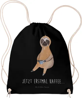 Produktbild von Mr. & Mrs. Panda Beutel Faultier Kaffee - Schwarz - Geschenk, stoffbeutel kordel, Drawstring Bag, Coffee, Turnbeutel, Kaffeetasse, Sportbeutel, wander rucksack, Kleiner