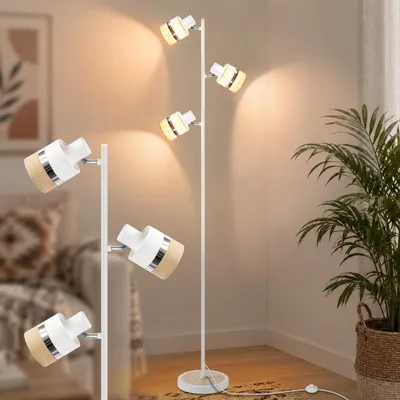 Produktbild von ZMH Stehlampe Wohnzimmer Stehleuchte 3 Flammig Weiß E14 350° Schwenkbar Standlampe mit Fußschalter Standleuchte Retro Stoffschirm für Schlafzimmer