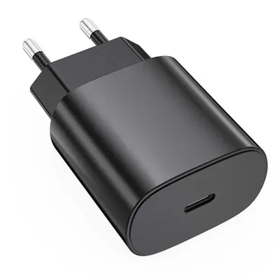 A black USB-C fast charger adapter is shown against a white background.