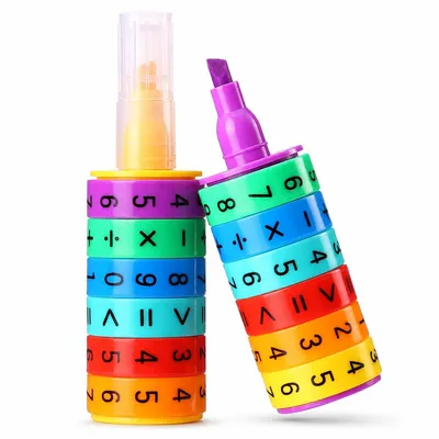 Produktbild von 2er Set Textmarker Kinder, Rechenroller mit Zahlen und Rechenzeichen, Geschenk zur Einschulung, gelb und lila