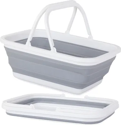 Produktbild von Faltbarer Korb Faltkorb 2 Griffe Tragekorb POP-UP Picknick Camping Kisten Farbe Grau-weiss