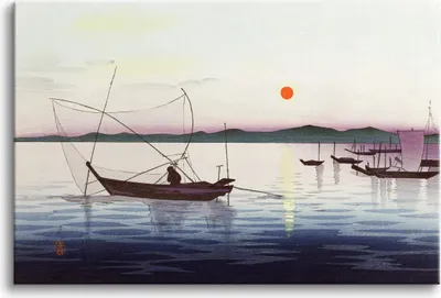 Obrázek produktu pro Reprodukce obrazu na plátně Lodě a zapadající slunce - Ohara Koson 80x120