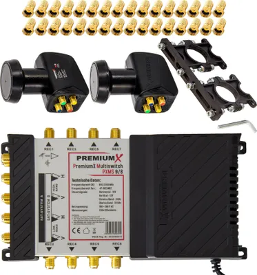 Produktbild von PremiumX Multischalter Set 9/8 SAT 2x Quattro LNB Multifeed 32x F-Stecker