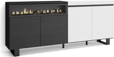 Image de COZY Buffet salon et cuisine, 200x35x87cm, 4 Portes, Cheminée électrique, Blanc et noir