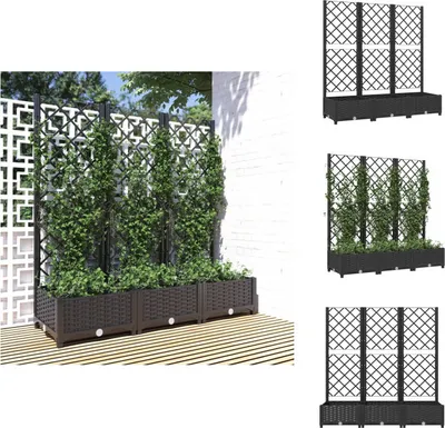 A collage of images showing a black planter with a trellis, containing green plants. The main image shows the planter on a wooden deck against a white brick wall and a decorative white screen. The smaller images show different angles and configurations of 