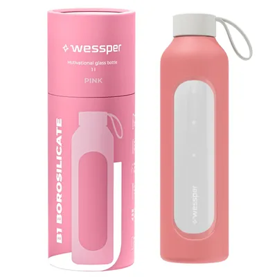 Produktbild von Wessper Trinkflasche aus Glas mit Silikonhülle – 1 L – mit Zeitmarkierungen – Rosa