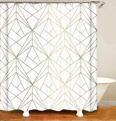 Obrázok produktu pre Uniqoos® sprchový záves, 180 × 200 cm – 100% polyester, žltý s zlatou linkou a trojuholníkmi, 100% vodotesný, proti plesniam, umývateľný, 12 plastových krúžkov, nerezové očká, upevňovacia stuha