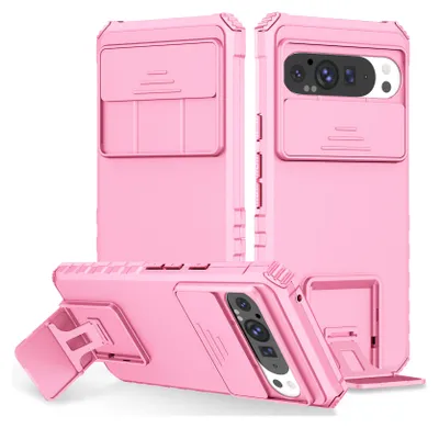 Produktbild von Dual Layer Hülle für Google Pixel 9 Pro XL Stossfest Robust Ständer Schutzhülle mit Schiebe Kamera Schutz Pink
