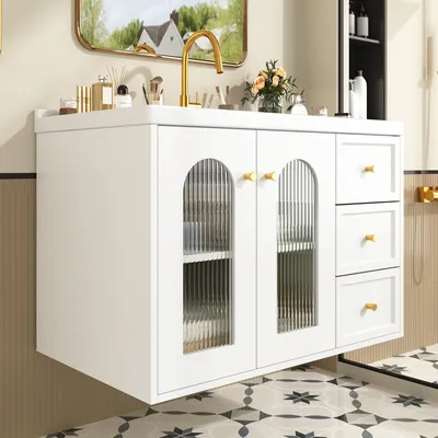 Produktbild von Flieks schwebender Badschrank mit Keramikwaschbecken, 2 Schubladen, Waschtisch mit verstellbaren Einlegeböden, Holzschrank, Weiß