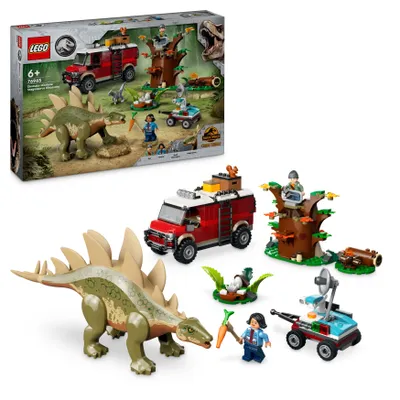 Produktbild von LEGO Jurassic World Abenteuer-Spielset 76965: Dinosaurier-Missionen – Entdeckung des Stegosaurus, ab 6 Jahren, mit beweglichem Stegosaurus (ca. 11 cm groß, 22 cm lang, 5 cm breit), Velociraptor, 2 Minifiguren, Geländewagen mit Anhänger, Baum mit Ausguck und 420 Teilen.